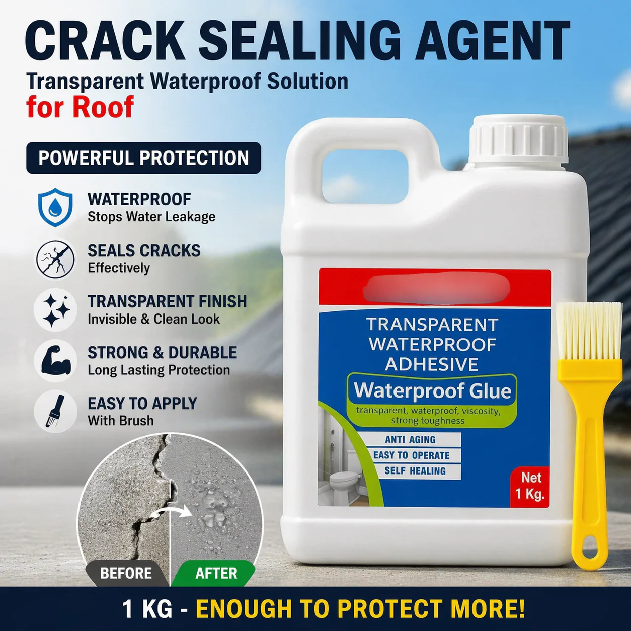 🛠️ Crack Sealing Agent with Brush – Transparent Waterproof Roof Solution (1 KG) 💧