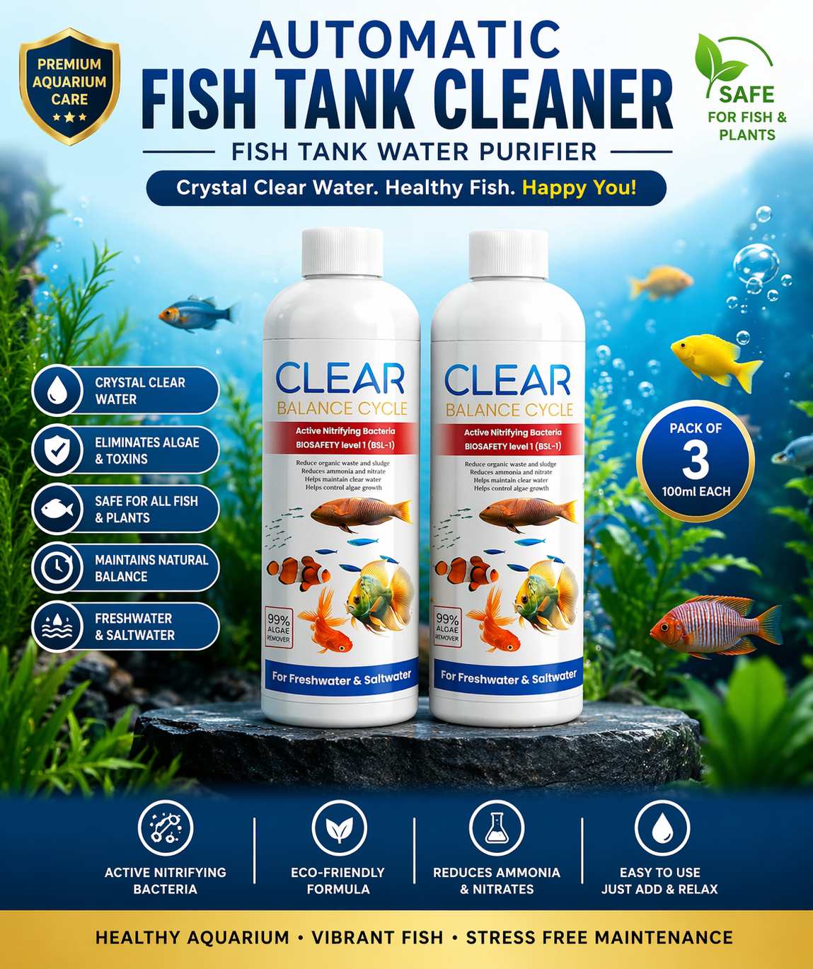 🐠 Crystal Clear Aquarium Cleaner 💧 | Algae Remover (Buy 1 Get 2 Free)