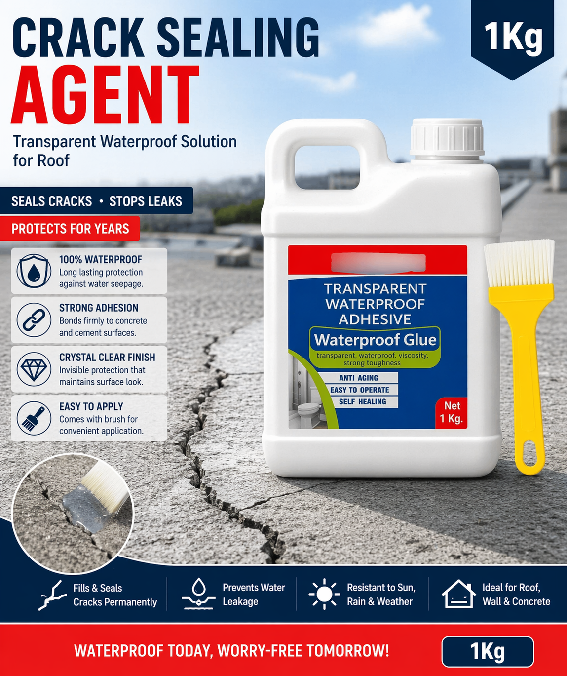 🛠️ Crack Sealing Agent with Brush – Transparent Waterproof Roof Solution (1 KG) 💧
