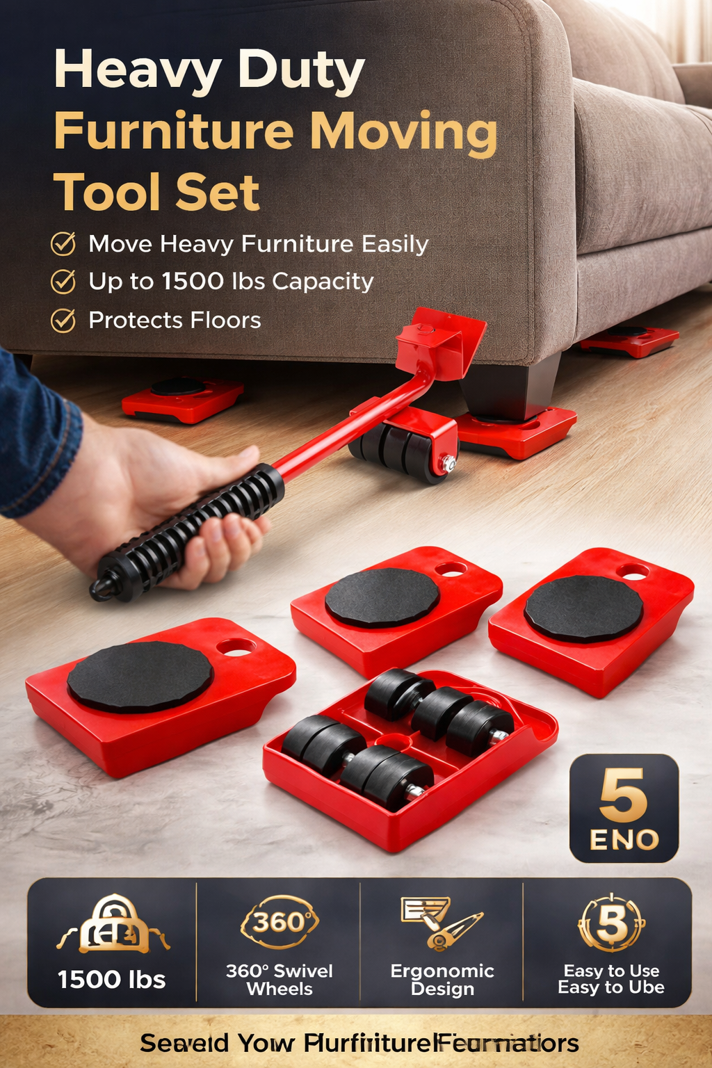 🛠 Heavy Duty Furniture Lifter & Moving Tool Set with Wheel Pads