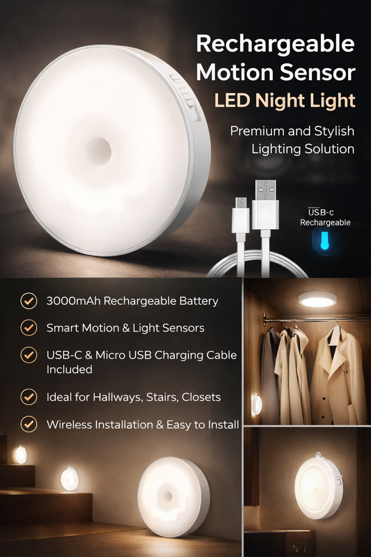 ✨ Smart Motion Sensor LED Night Light – Wireless USB Rechargeable (Pack of 2)