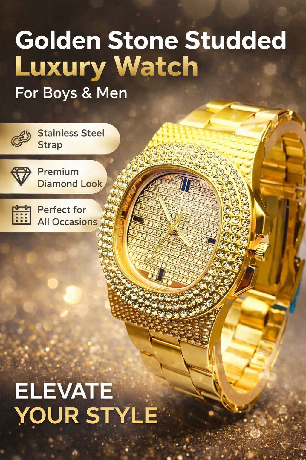 Golden Stone Studded Diamond Wrist Watch