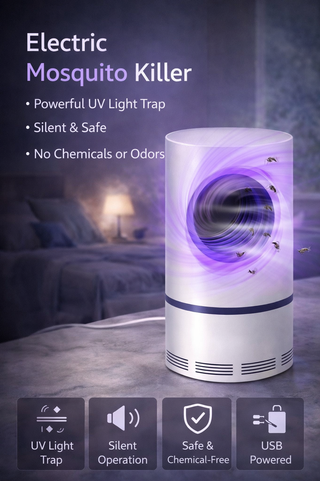 ZapGuard LED Mosquito Killer Lamp – USB Insect Trap ⚡🦟